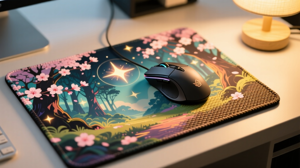 Overhead view of an Artisan anime mousepad with a high-end gaming mouse gliding across the woven surface under warm lighting.