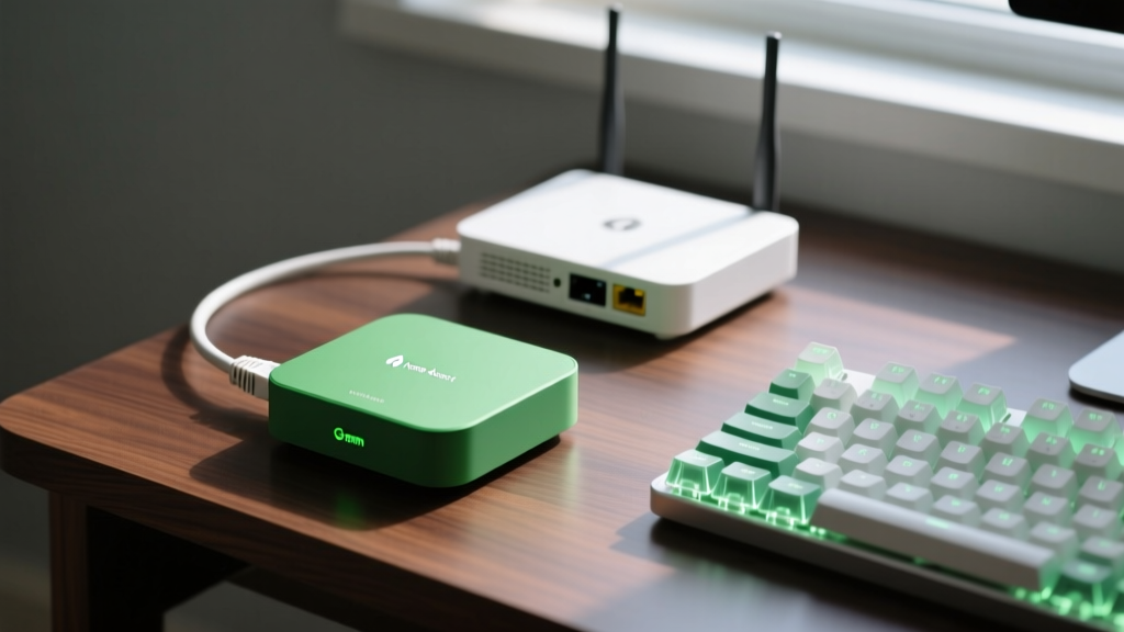 Close-up of a Home Assistant Green smart hub connected via ethernet to a router on a dark walnut desk next to a mechanical keyboard