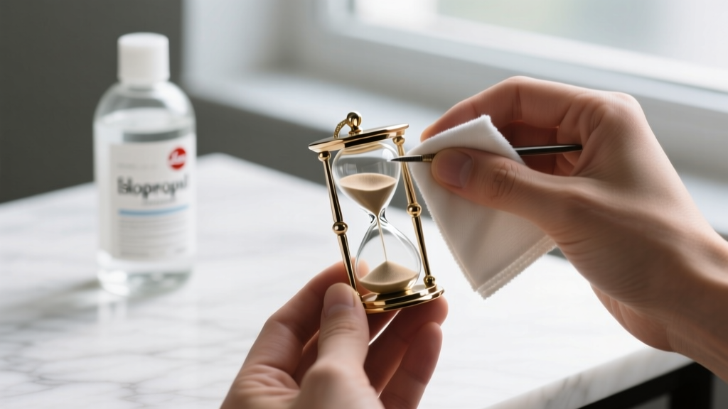 Hands polishing an hourglass pendant glass vial with a microfiber cloth, isopropyl alcohol bottle visible in the soft background.