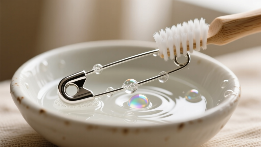 Macro shot of a sterling silver safety pin clasp gently brushed with a soft toothbrush and soapy water inside a small ceramic bowl.