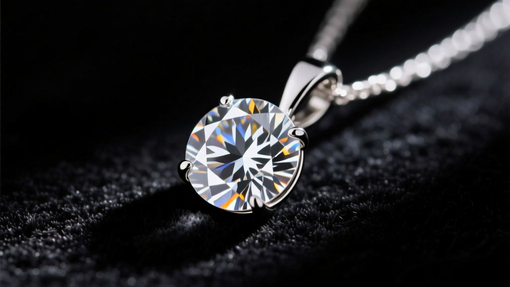 Close-up of a round diamond pendant on dark velvet, lit by a spotlight to reveal internal facets and delicate platinum prongs.