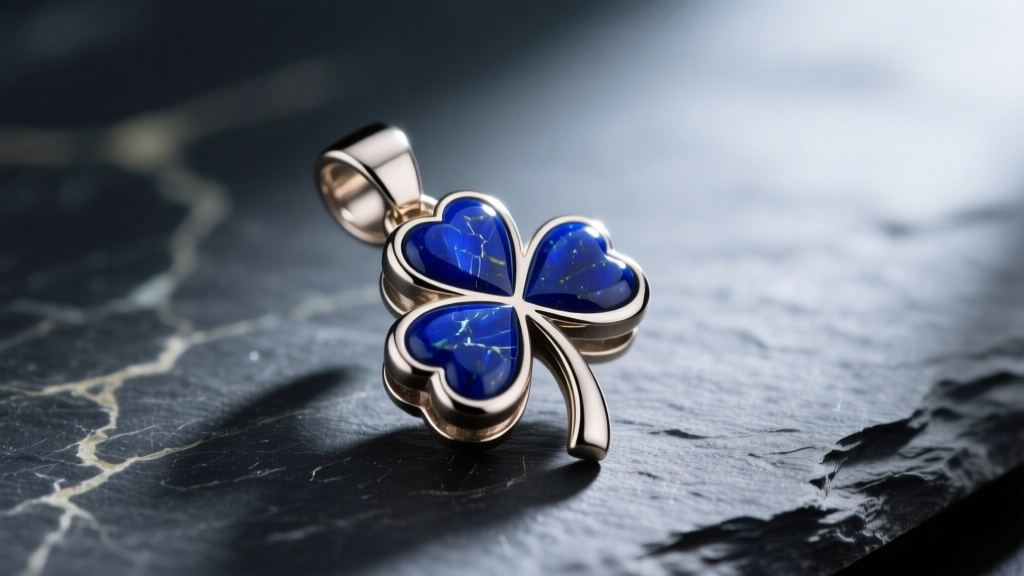Macro shot of a brushed titanium clover pendant with a deep blue lapis lazuli inlay, resting on a textured dark slate surface.
