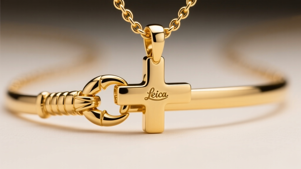 Macro shot of a 14k yellow gold horizontal cross necklace lobster clasp showing the laser-welded jump ring and stamped hallmark.