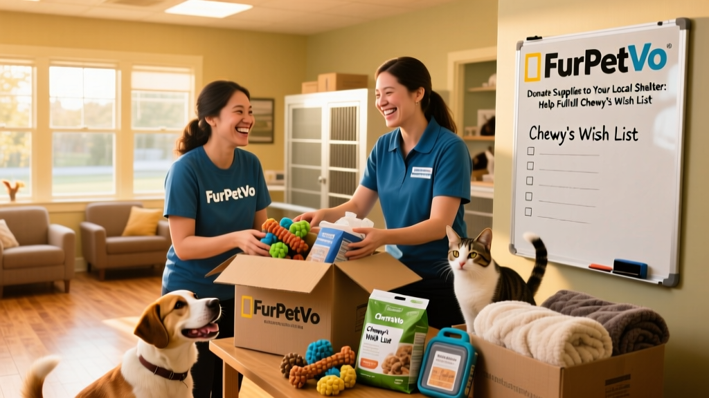 Volunteers and shelter staff smiling while unboxing donated supplies from FurPetVo