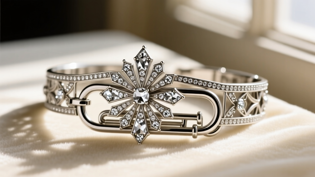 Close-up of an authentic 1920s art deco costume jewelry trombone clasp on a rhinestone bracelet highlighting the push-pull lock