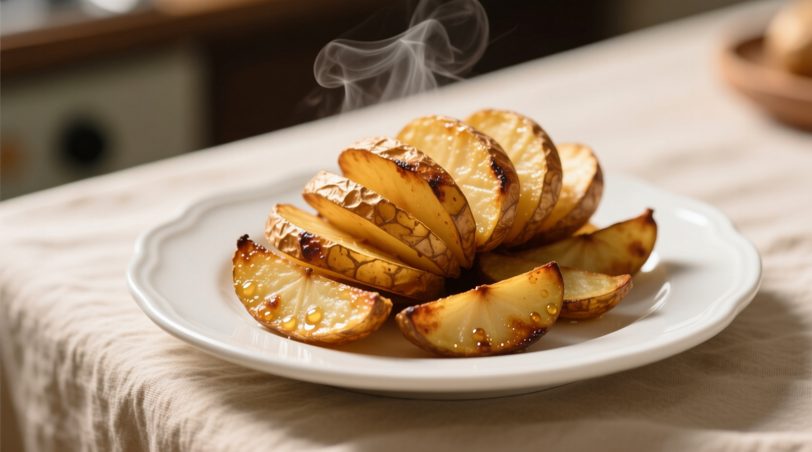 Golden brown fried potato slices on white plate