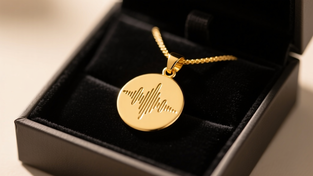 Close-up of a 14k gold pendant with a laser-etched soundwave, resting on dark velvet in a gift box under warm studio lighting
