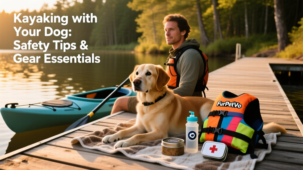 A paddler and dog resting on a shaded dock after kayaking, with FurPetVo gear laid out nearby: life jacket, hydration pod, trail tin, and first aid kit