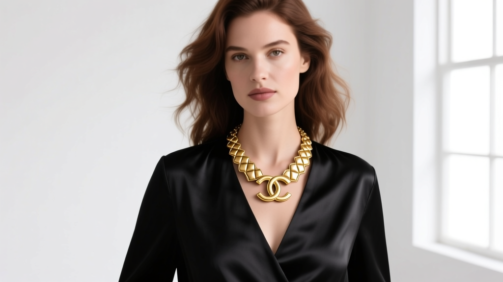 Woman wearing a layered Coco Crush necklace over a black silk V-neck blouse, highlighting the quilted gold motif on dark fabric