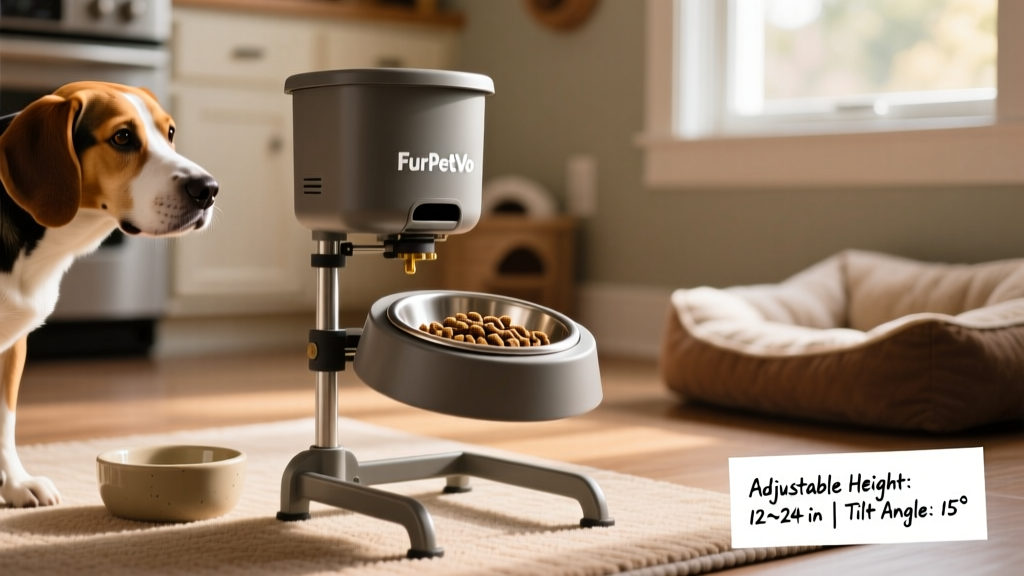 Close-up of a FurPetVo adjustable elevated feeder showing height settings and ergonomic tilt design