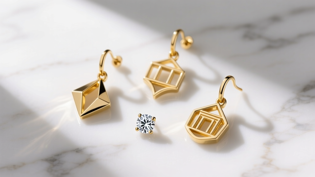 Overhead view of three interchangeable gold earring drops and a diamond stud on white marble, illuminated by bright sunlight.