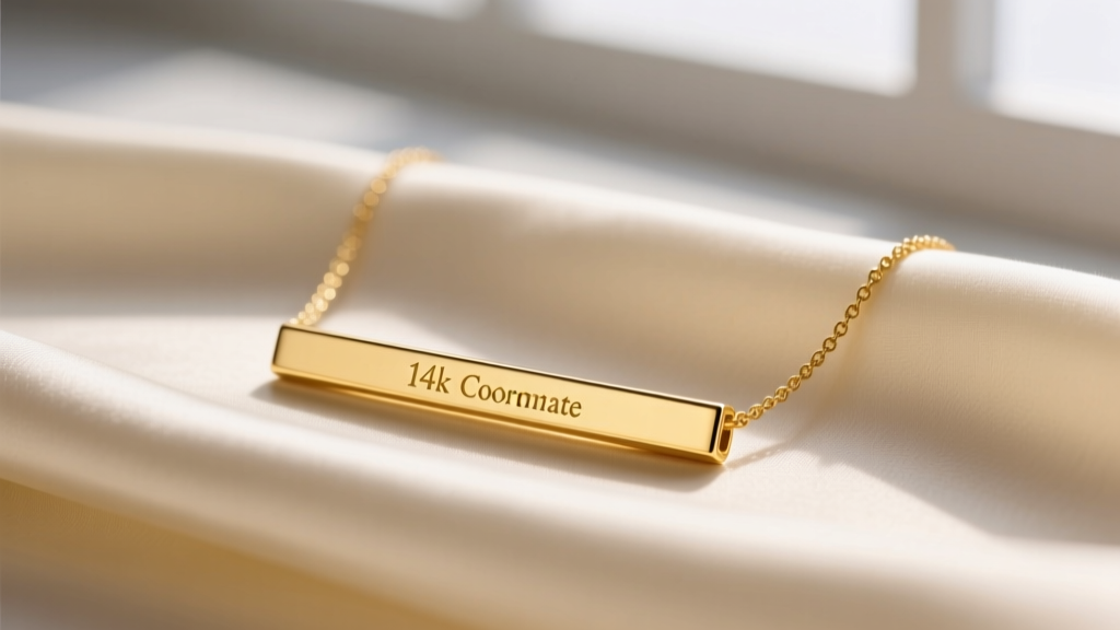 Close-up of a delicate 14k yellow gold bar necklace with minimalist coordinate engraving, resting on soft cream silk fabric.