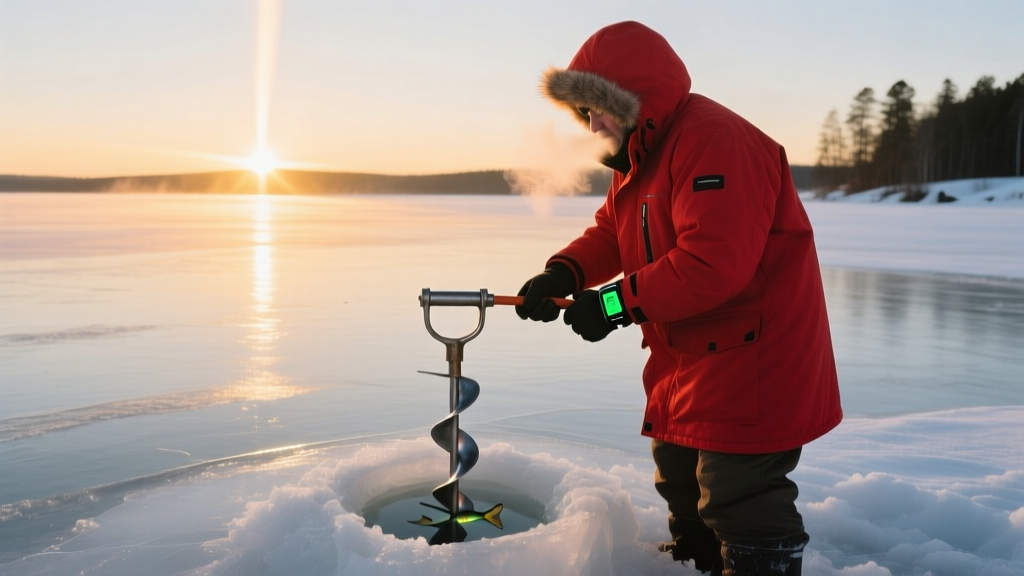 Ice angler in heavy red parka drilling hole with auger while checking glowing sonar display on frozen lake at sunrise