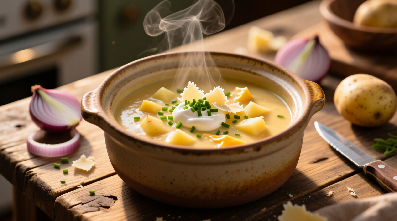 Creamy potato cheese soup in crock pot with garnish