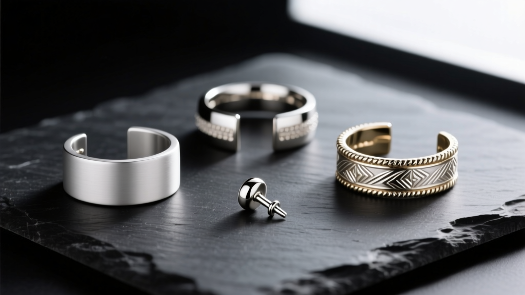 Flat lay of three distinct ear cuffs and a 14k white gold cartilage stud on dark slate, highlighting intricate milgrain details.
