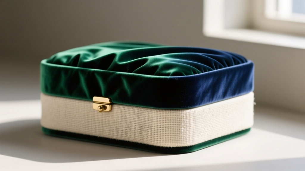Close-up of crushed synthetic velvet and natural Belgian linen on the exterior shell of a premium fabric jewelry storage box