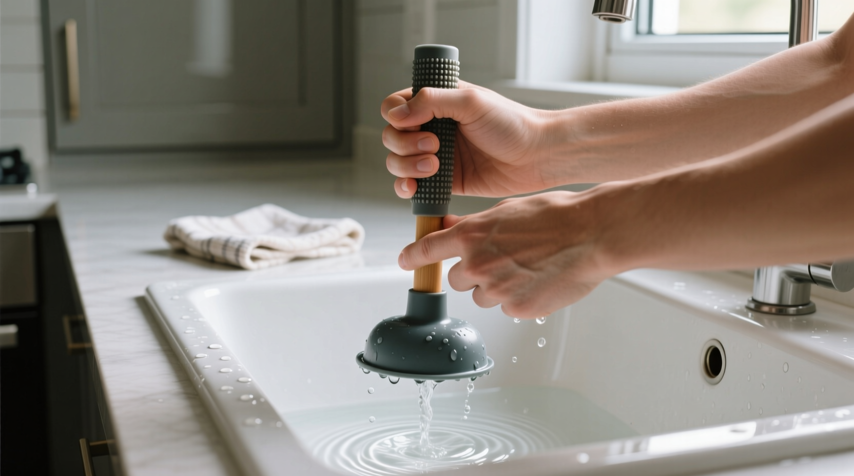 Hands safely using plunger on kitchen sink