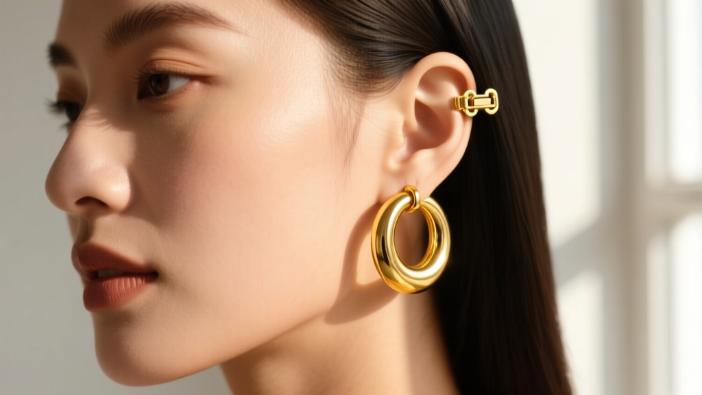 Close-up of a woman wearing 18k yellow gold 30mm medium hoop earrings, highlighting the latch-back closure against warm skin