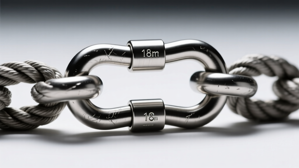 Extreme close-up of a heavy-duty 18mm stainless steel lobster clasp attached to a thick rope chain with a soldered jump ring