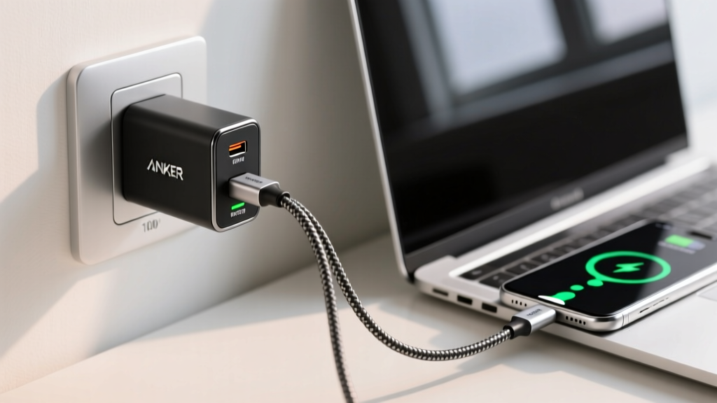 Close-up of Anker Prime 100W GaN charger plugged into wall outlet, charging silver laptop and smartphone simultaneously with braided cables