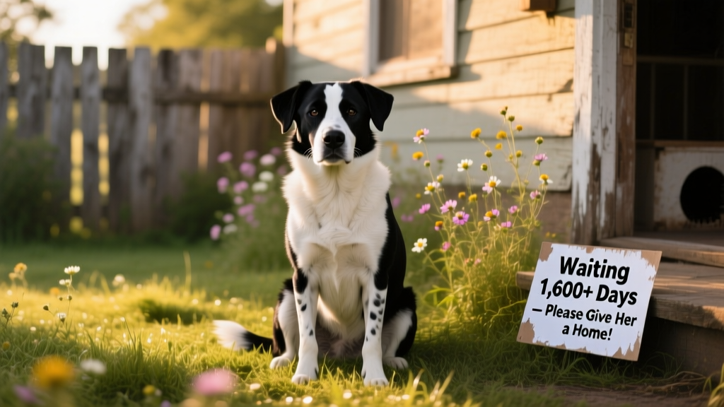 Ursula, a black-and-white dog with a distinctive single black eyebrow, sitting calmly on a grassy patch outside a foster home