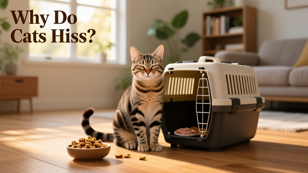 Cat calmly sitting beside an open carrier with treats nearby, illustrating positive association training