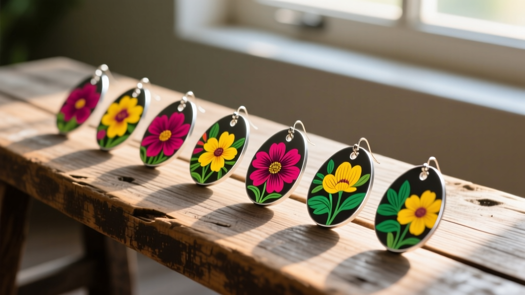 Vibrant floral sublimation aluminum earring blanks on a rustic wooden bench, illuminated by soft warm natural morning light.