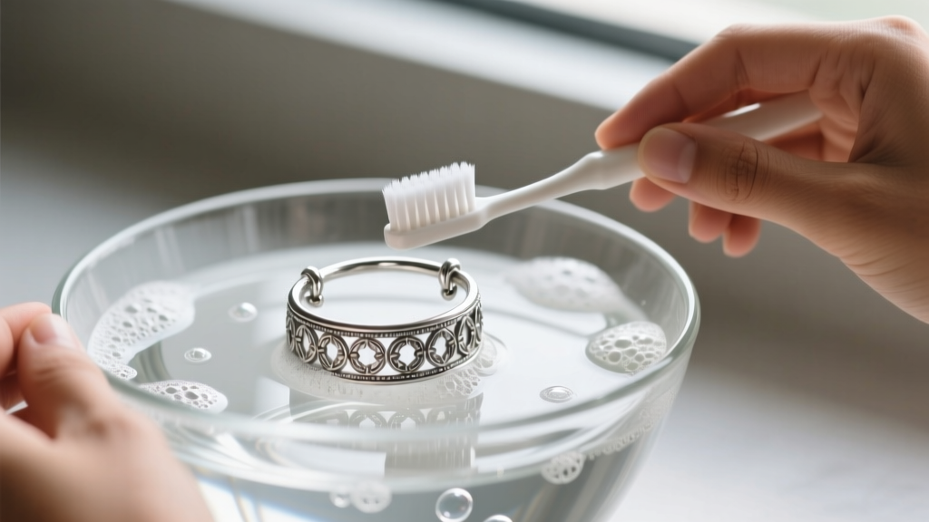 Hands using a soft toothbrush to gently scrub a sterling silver potara cartilage wrap in a glass bowl of soapy water.