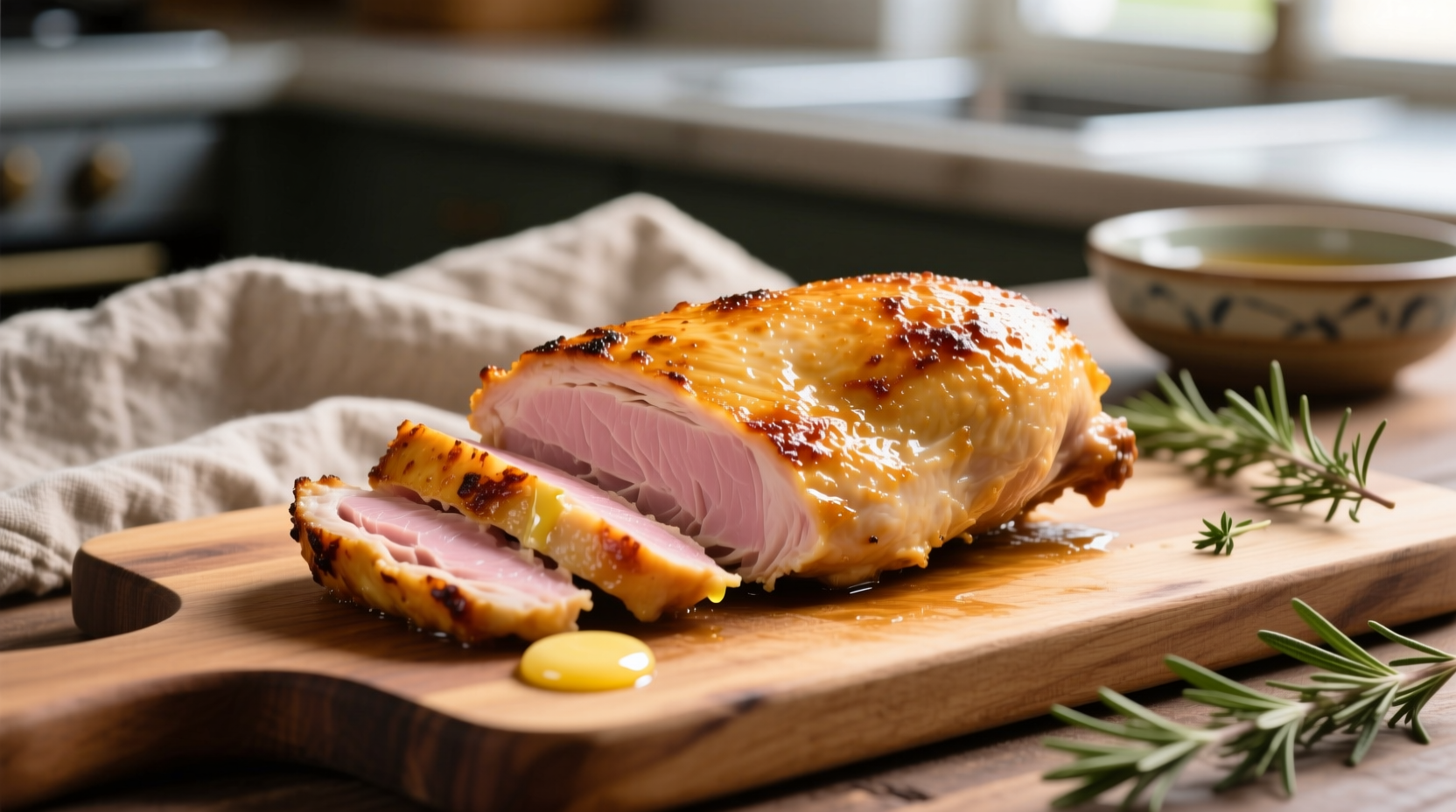 Perfectly cooked golden chicken breast on cutting board