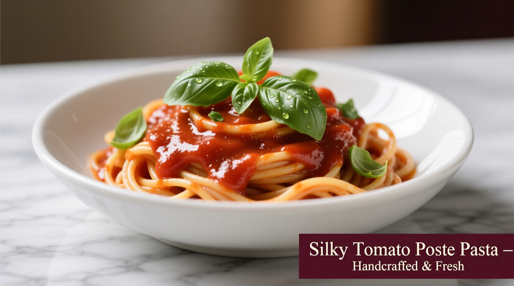 Silky tomato paste pasta in white bowl with basil garnish
