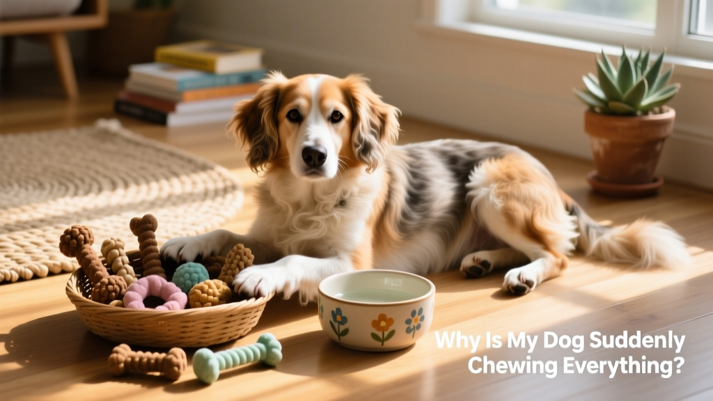 A calm, relaxed dog resting beside a tidy basket of FurPetVo chew toys and a water bowl