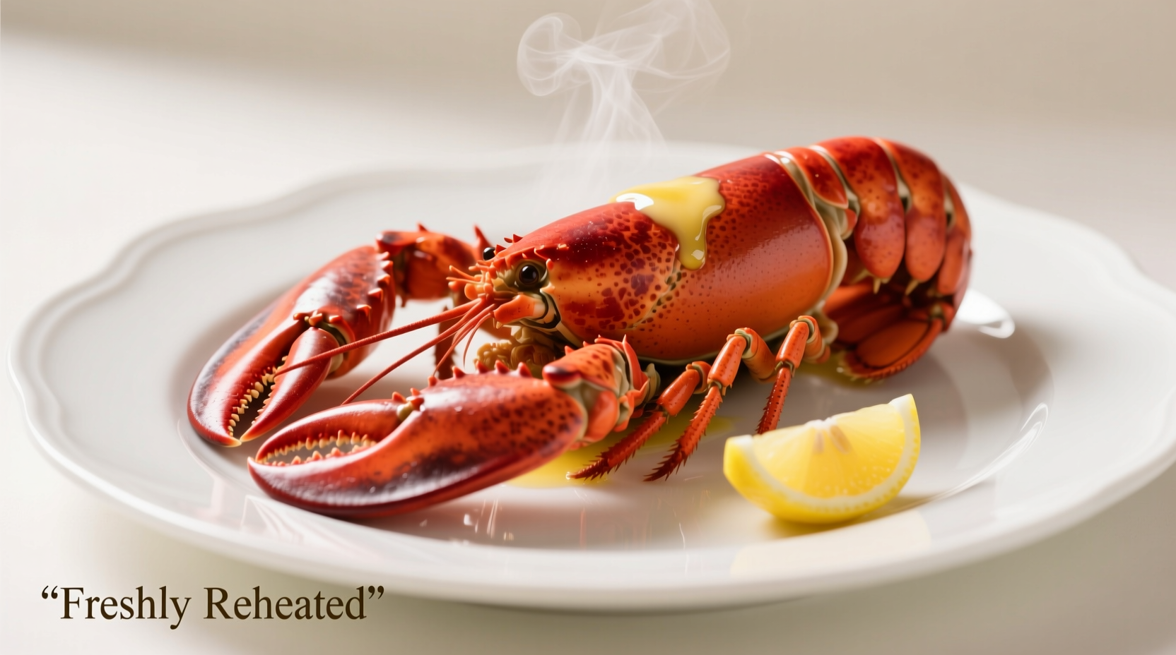 Perfectly reheated lobster on white plate with lemon