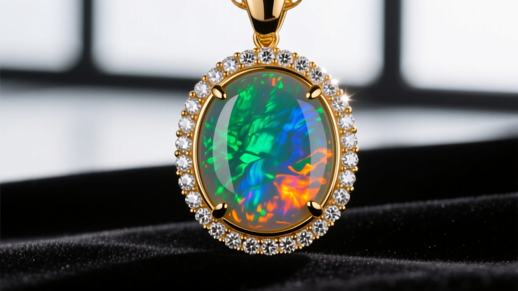 Detailed view of a bezel-set Ethiopian opal pendant surrounded by a micro-pave diamond halo, showcasing the protective gold rim.