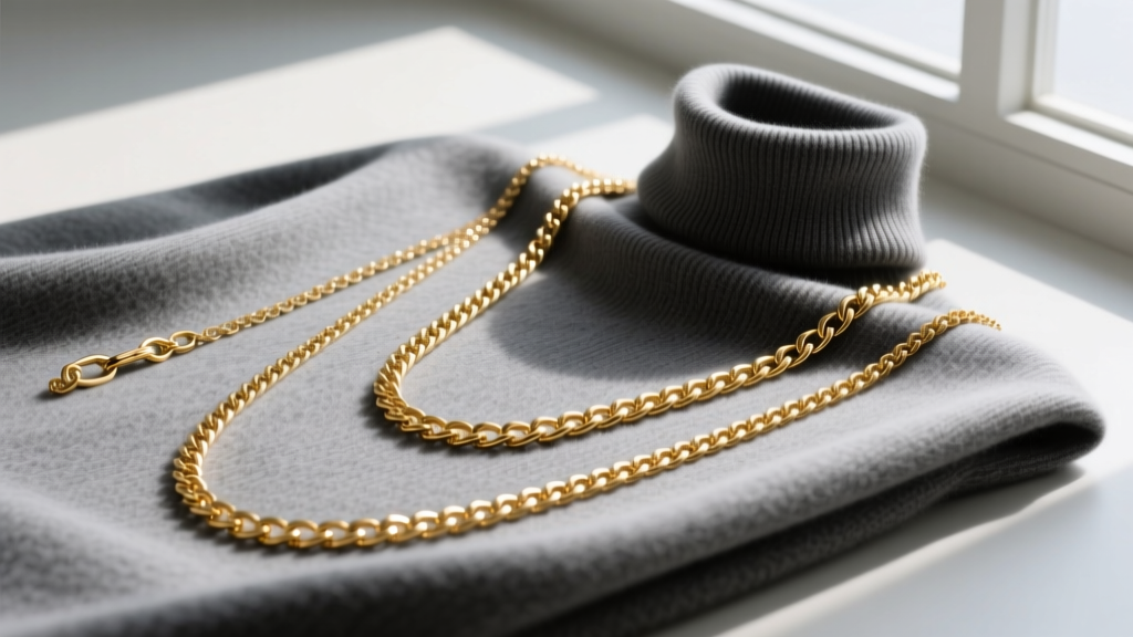 Flat lay of three layered gold chains in 20, 22, and 24 inches displayed elegantly over folded charcoal grey cashmere turtleneck.