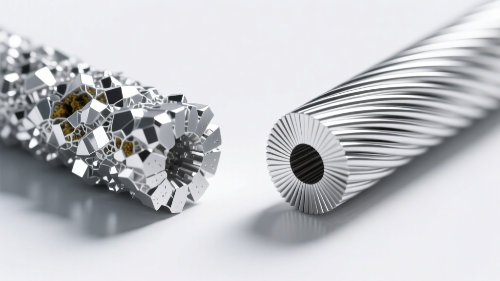Technical illustration showing internal grain structure of cast 925 sterling silver versus work-hardened Argentium silver wire.