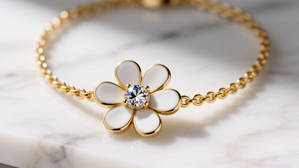 Close-up of a gold-tone Marc Jacobs Daisy necklace on white marble, highlighting white enamel petals and a sparkling center crystal.