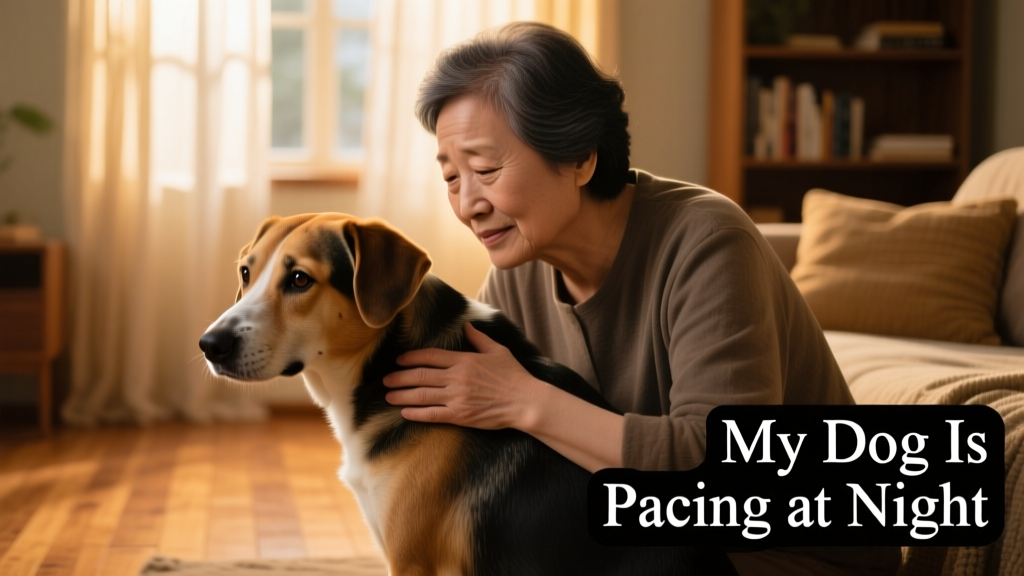 Owner gently comforting anxious dog with hand on back, soft lighting, calm home setting