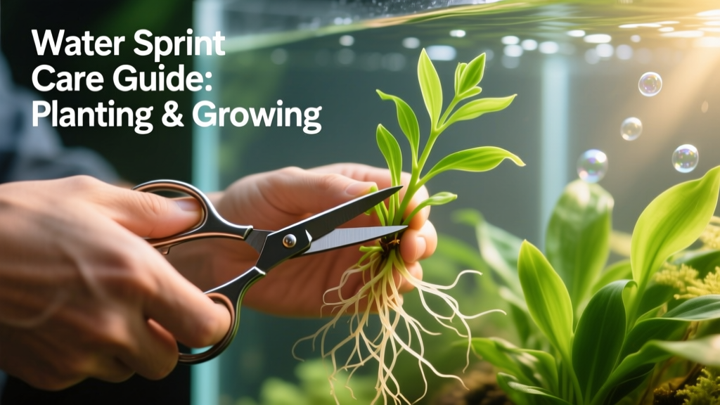 Hand trimming Water Sprite stems with aquarium scissors, showing healthy green foliage and visible root threads