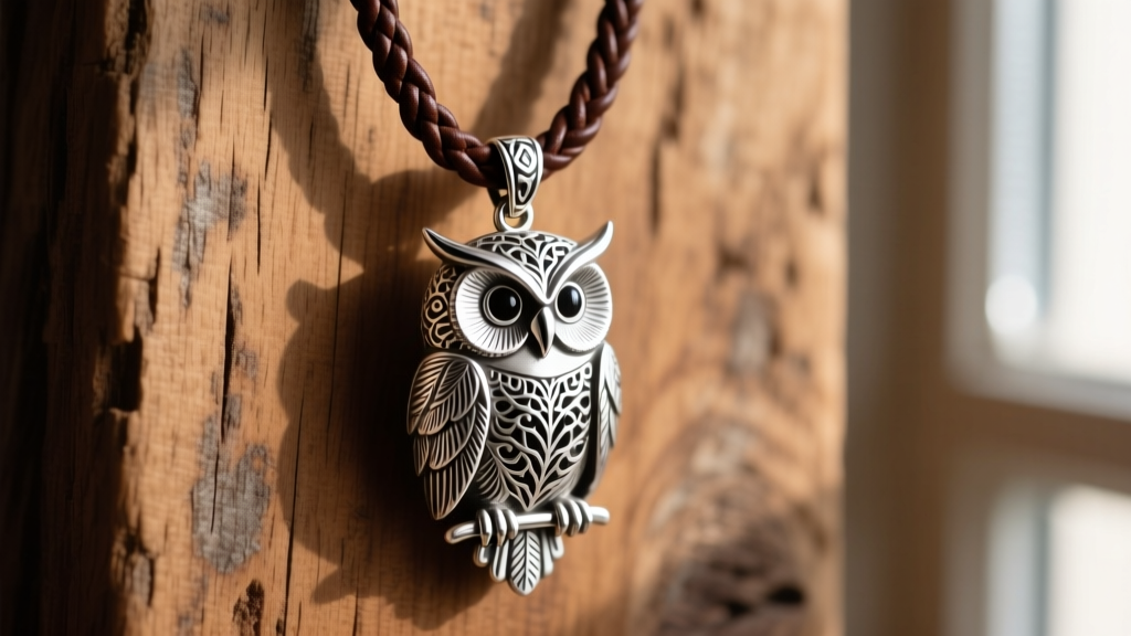 Detailed sterling silver owl pendant resting on a dark brown braided leather cord against a rustic wooden background in soft light