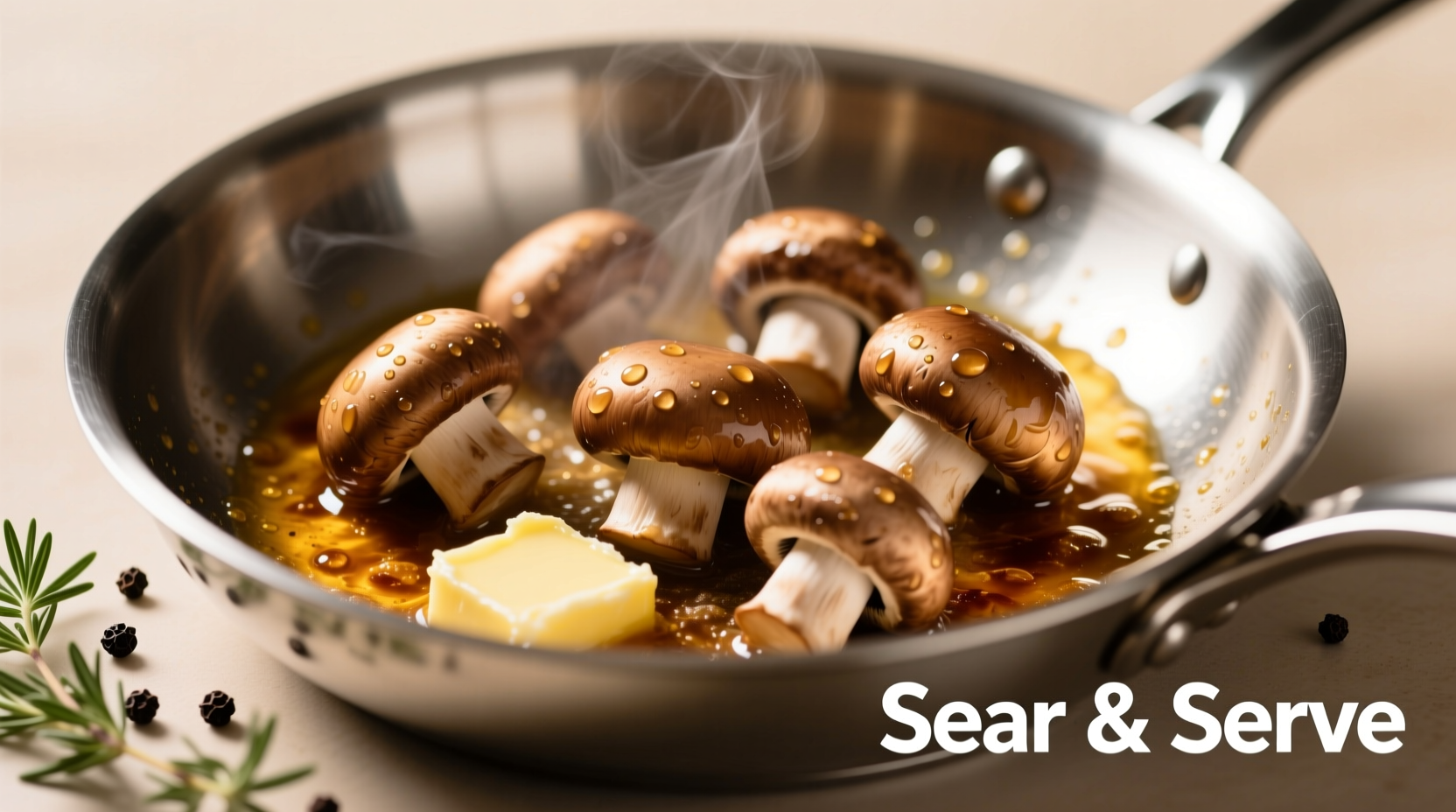 Golden brown mushrooms searing in stainless steel pan