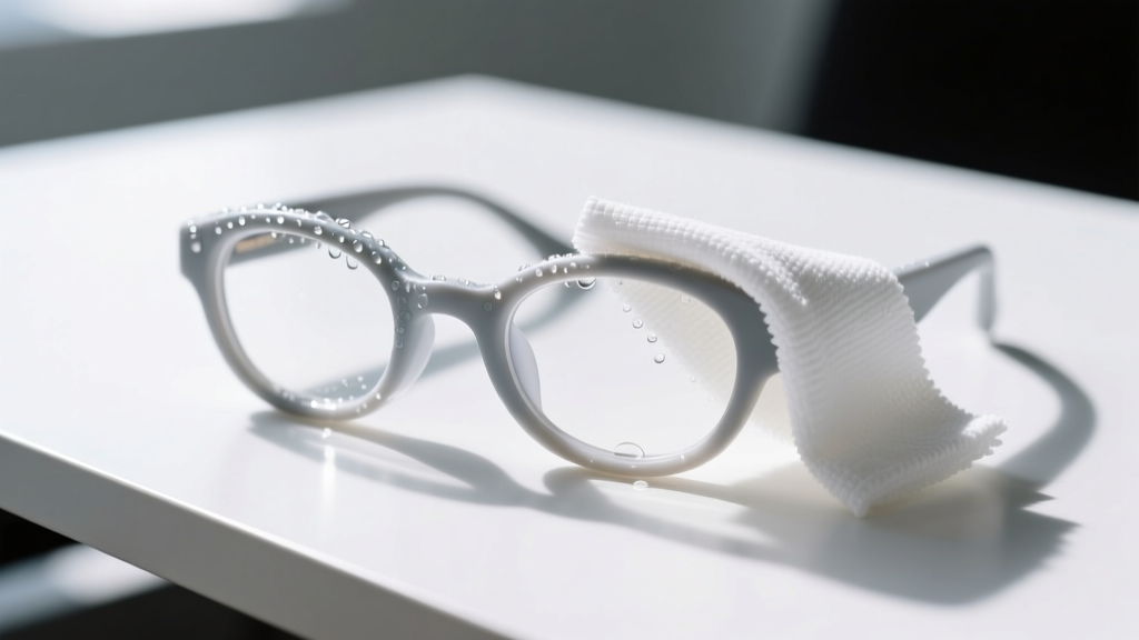 Macro shot of a silicone eyeglass loop being gently wiped with a damp microfiber cloth and mild soapy water on a clean white desk.