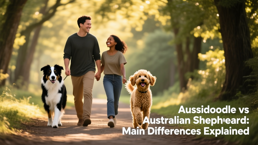 Happy family walking two dogs—a calm Australian Shepherd and a smiling Aussiedoodle—along a tree-lined path