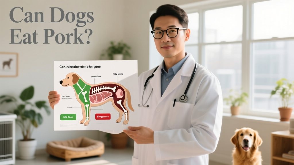 Veterinarian holding a diagram showing safe vs. unsafe pork portions for dogs
