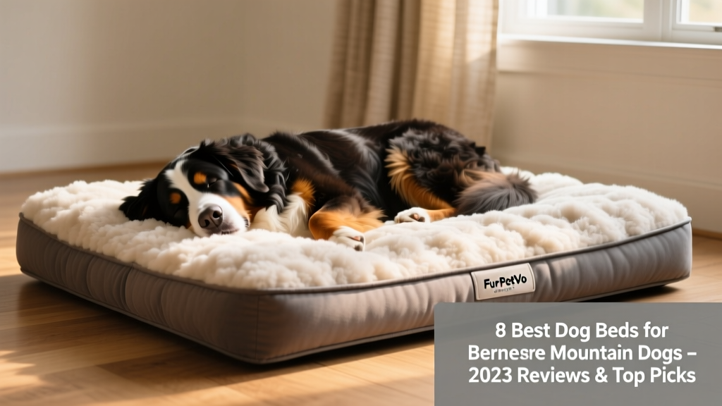 Bernese Mountain Dog sleeping peacefully on the FurPetVo NAP Ultra Plush bed, showing its plush surface and low-profile bolsters