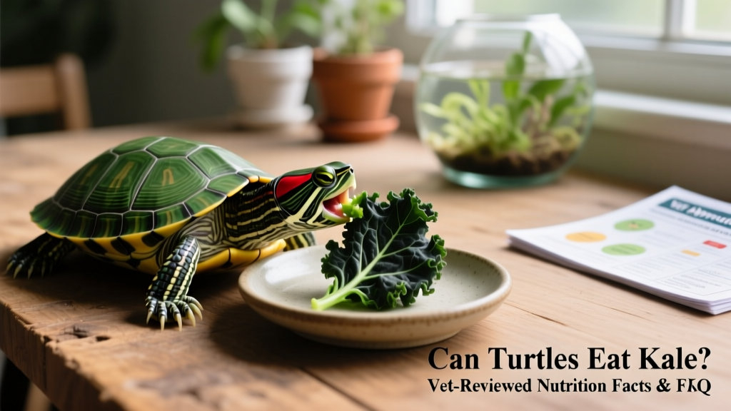 A red-eared slider turtle eating a small piece of dark green kale leaf from a shallow dish