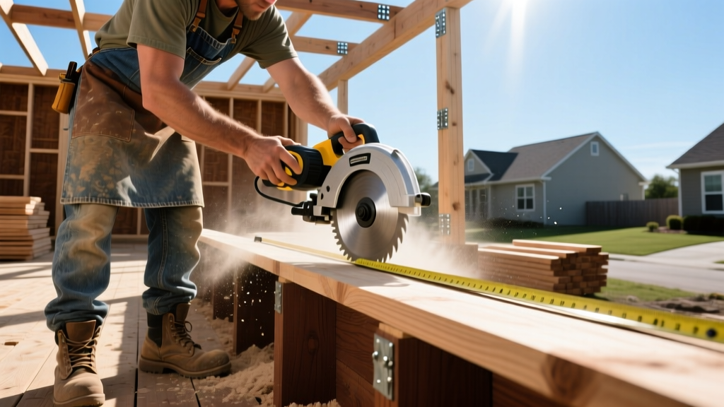 Professional carpenter measuring and cutting pressure-treated lumber for a deck frame on a residential construction site.