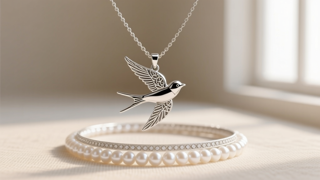 Close-up of a layered stack featuring a silver sparrow bird pendant necklace in the center, paired with a delicate pearl choker