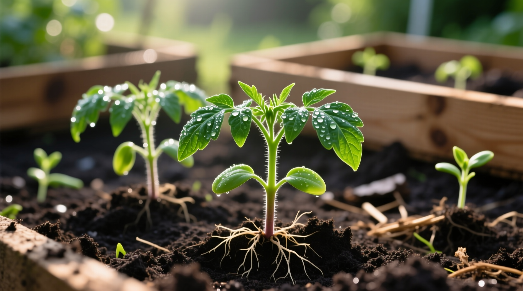 Healthy tomato seedlings in garden soil