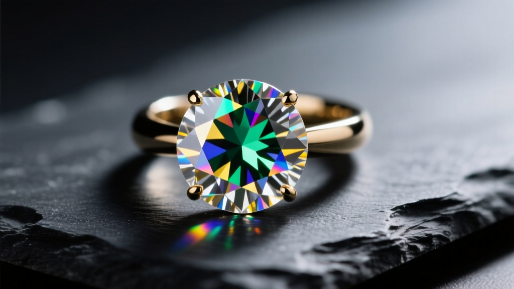 Macro photography of a round brilliant moissanite ring on dark slate, showing intense rainbow light dispersion and sharp facet edges.