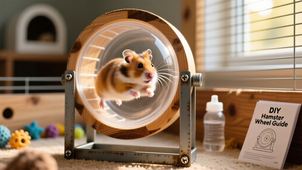 A hamster running inside a modified exercise ball mounted as a stationary wheel in a cage